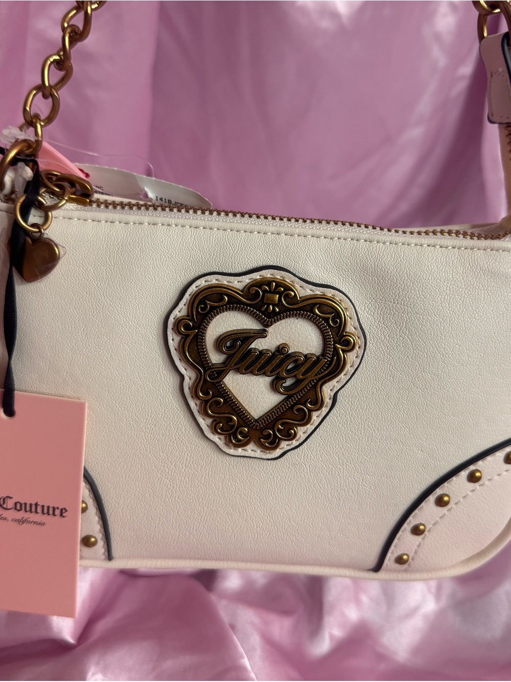 In Her Juicy Era Couture Ivory Shoulder Bag with Heart Logo and Gold Accents